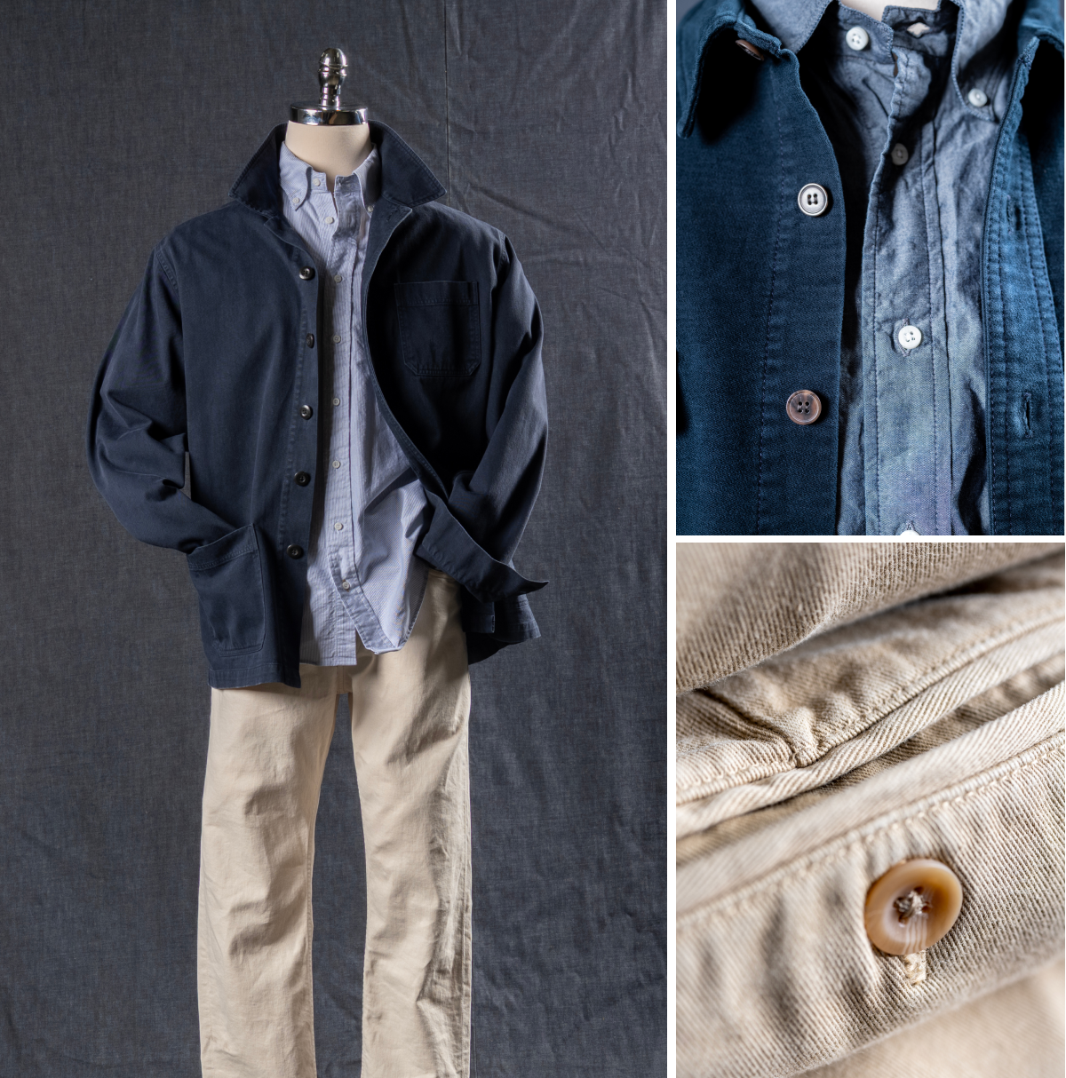 A multi-grid view of photos. The tall left phot shows a mannequin wearing Bills Khakis overshirt, standard fit shirt and khaki pants. The right two photos showcase details of the overshert and of the pant stitch work