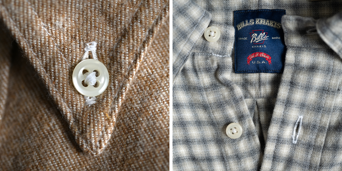 Two side-by-side photos of closeup details of Bills Khakis brushed flannels. One in tan showcases a button stitch. The other shows the tag and color area of an ombre color.