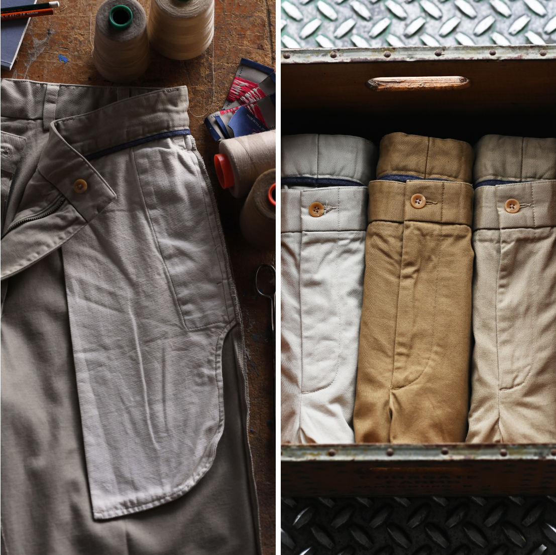 Two detail shots of M1 Khakis. The left photo showcases the pant turned inside out showcasing the stiching. The right showcases three pairs of M1 khakis tightly folded in an industrial box. Close ups of the zipper and button are on display