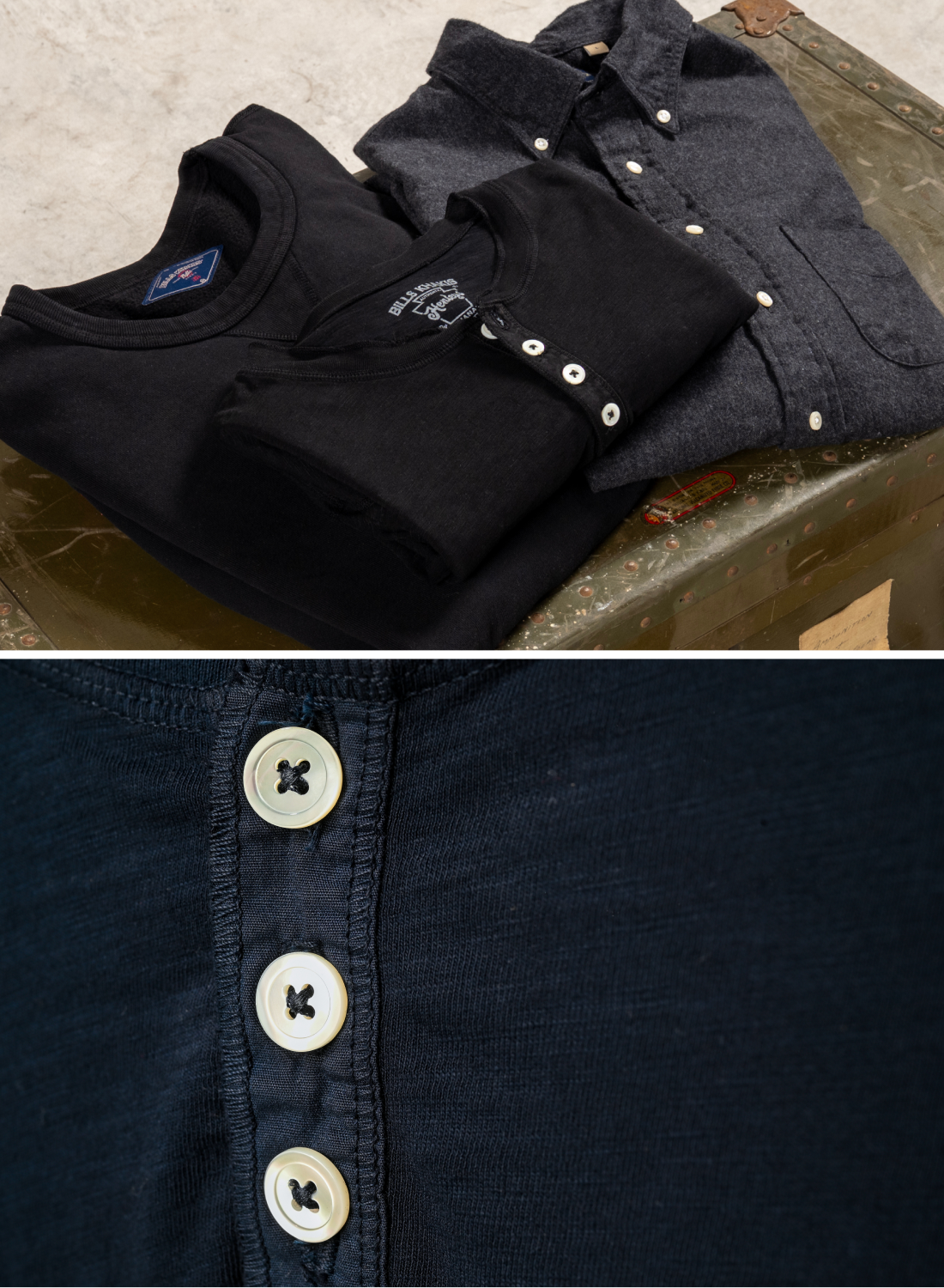 Two photos: One of more Bills Khakis lightweight essentials sitting on a vintage suitcase. The second photo shows a closeup of the buttons and stiching of a navy Bills Khakis lightweight henley.