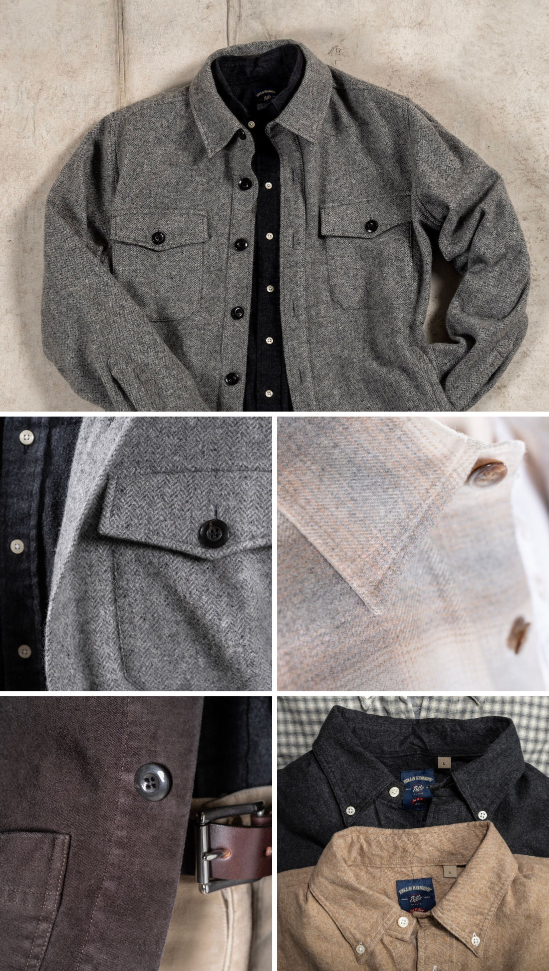 A multi-grid view of various details of Bills Khaki flannels showcasing the soft texture and tight stitching