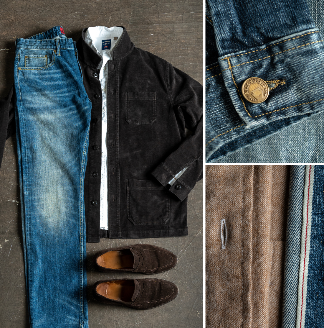 A multi-grid view of photosshowcasing Bills Khaki's selvage denim in various details along with various rugged flannels in brown