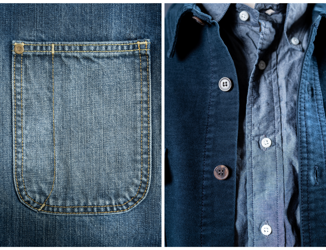 A two image collage of Bills Khakis denim pants, navy overshirt, and blue standard fit shirt