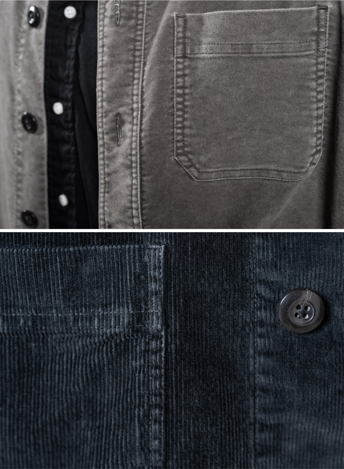 Two images sit collaged, both showcasing hyper detail of two Bills Khaki's tops. One of a grey overshirt and the other a navy moleskin top