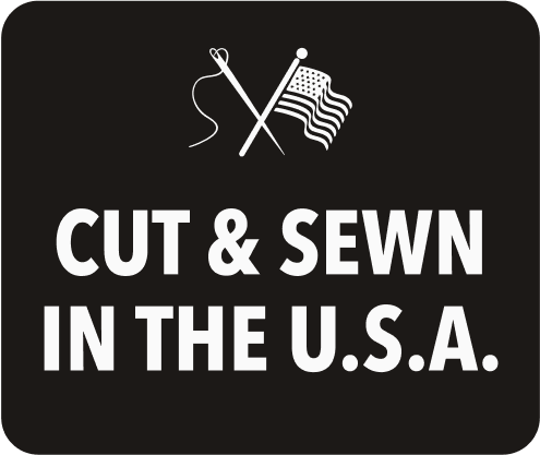 Bills Khakis: Cut & Sewn in the U.S.A. with a illustration of cross hatch of a needle and and american flag