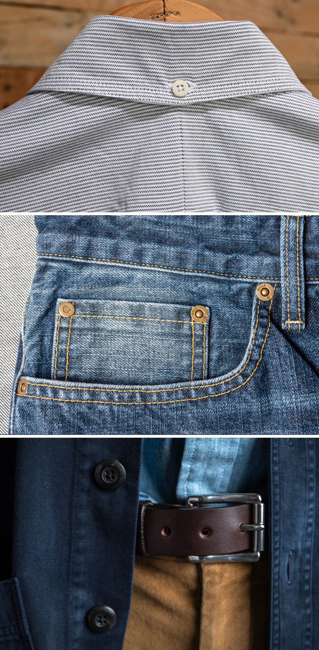 Three photos sit collage showcasing hem, stitching and detailing of three garments: a Bills khakis standard fit shirt, Bills denim pants, and a Bells Khakis outfit focused on a Bills Khakis belt