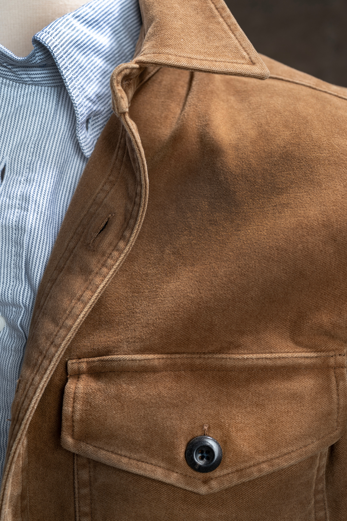 A closeup of a Bills Khaki overshirt and standard fit shirt