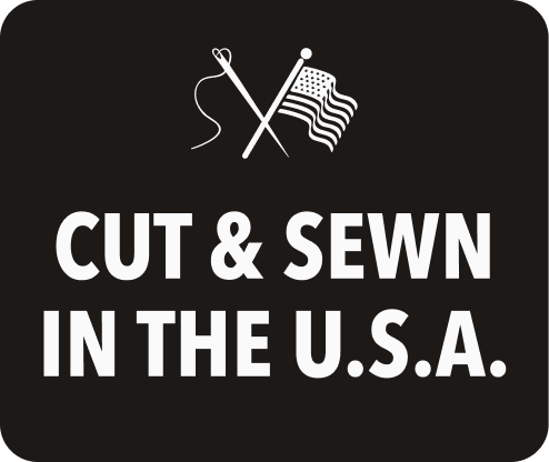Bills Khakis: Cut & Sewn in the U.S.A. with a illustration of cross hatch of a needle and and american flag