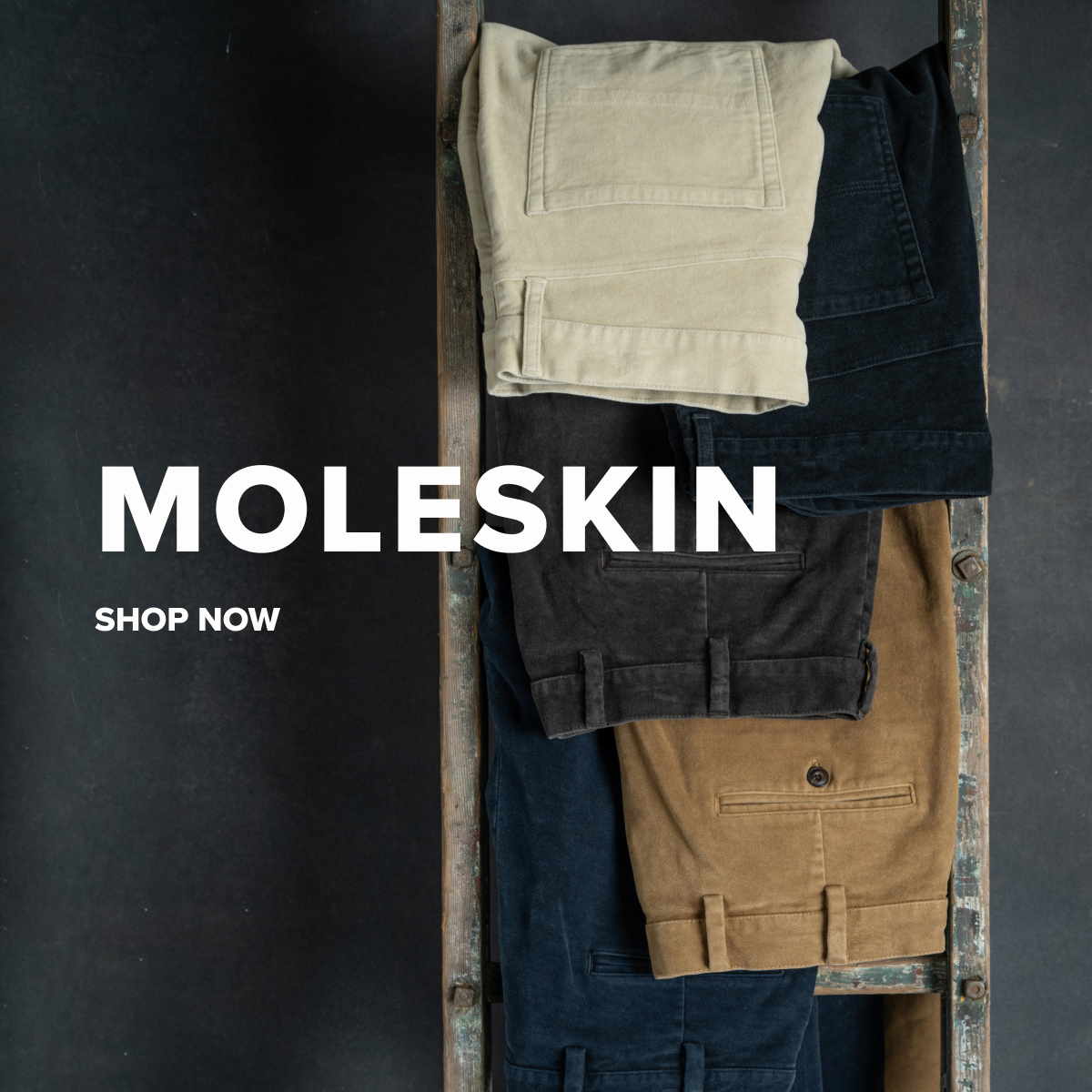 Five pairs of Bills Khaki moleskin pants in colors ranging from navy to brown to khaki hang from a vintage wooden ladder against a dark industrial wall. Text reads Moleskin | Shop Now