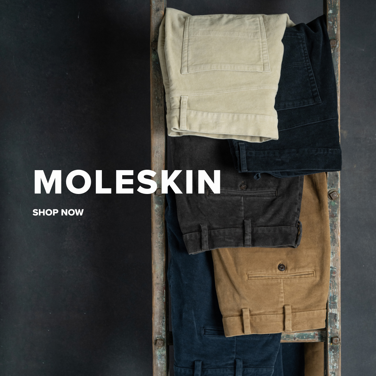 Five pairs of Bills Khaki moleskin pants in colors ranging from navy to brown to khaki hang from a vintage wooden ladder against a dark industrial wall. Text reads Moleskin | Shop Now