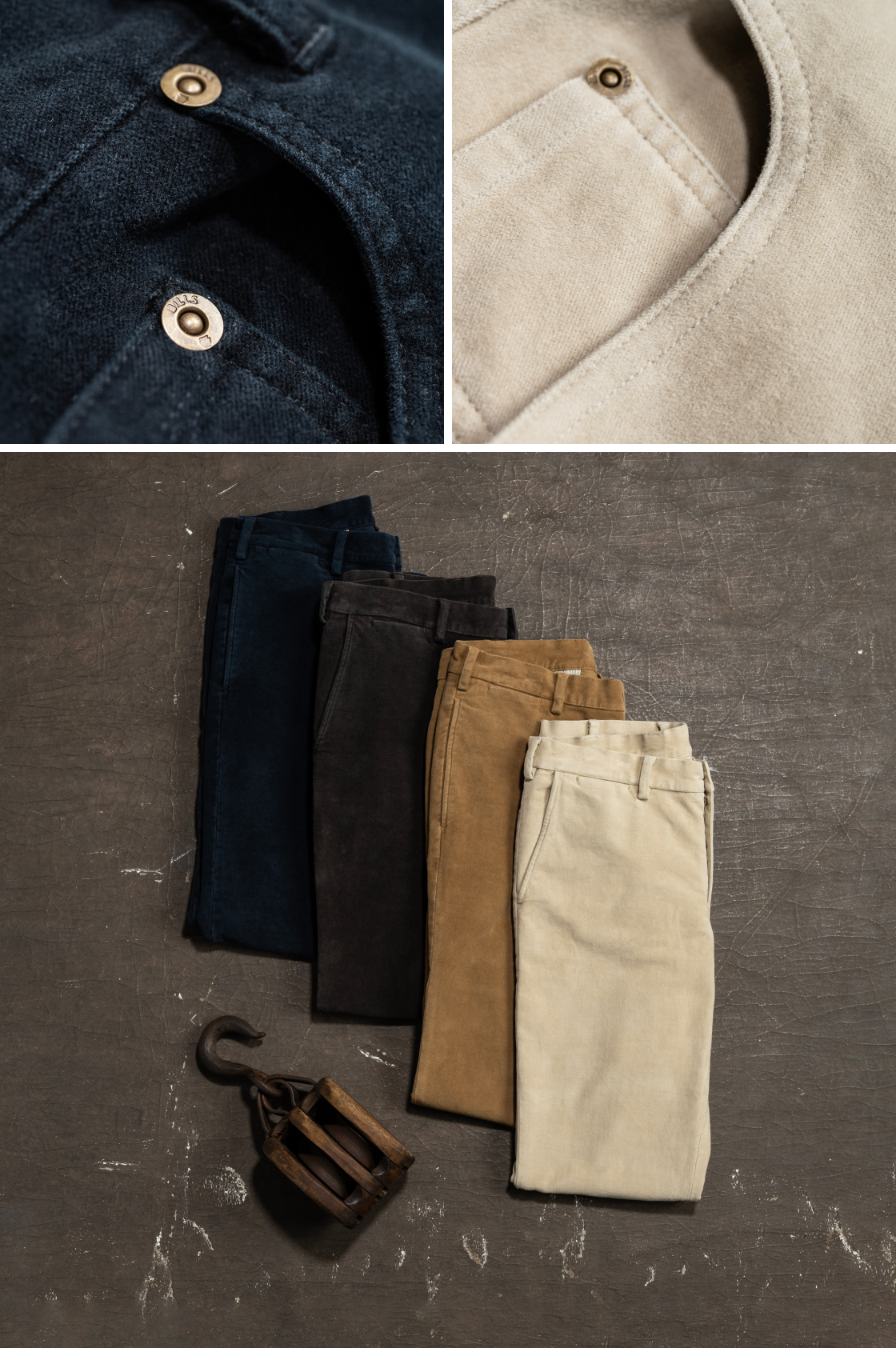 Two photos: One of more Bills Khakis lightweight essentials sitting on a vintage suitcase. The second photo shows a closeup of the buttons and stiching of a navy Bills Khakis lightweight henley.