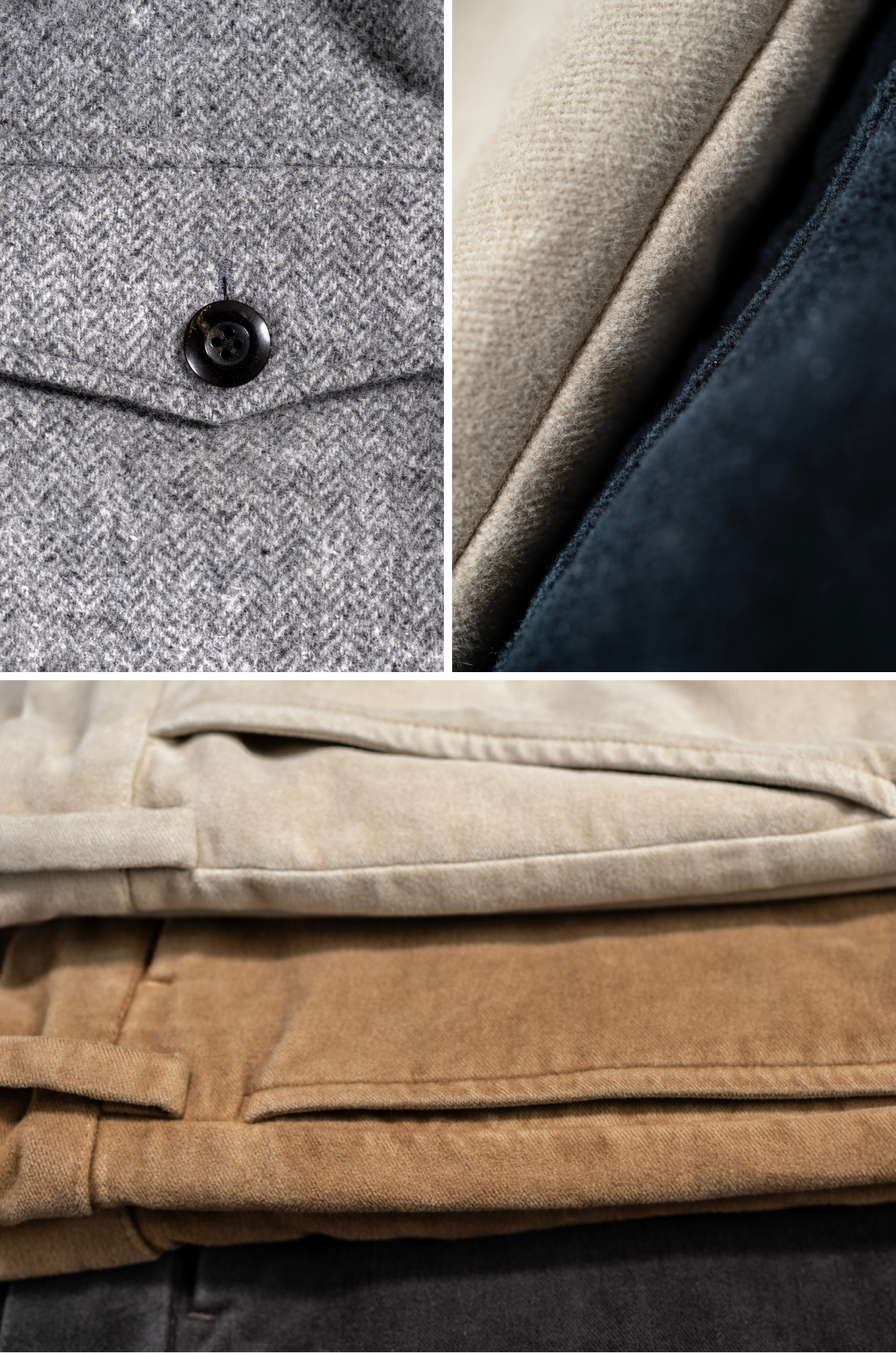 A collage grid of detail shots. Close ups include the button area of the Bills Khaki Wool Shirt and two shots of various colors of Bills Khakis Moleskin and Original Twill pants showcasing the material