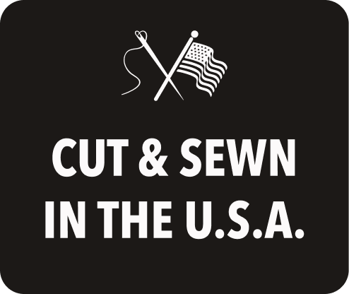 Bills Khakis: Cut & Sewn in the U.S.A. with a illustration of cross hatch of a needle and and american flag