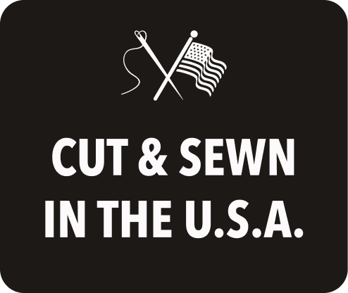 Bills Khakis: Cut & Sewn in the U.S.A. with a illustration of cross hatch of a needle and and american flag
