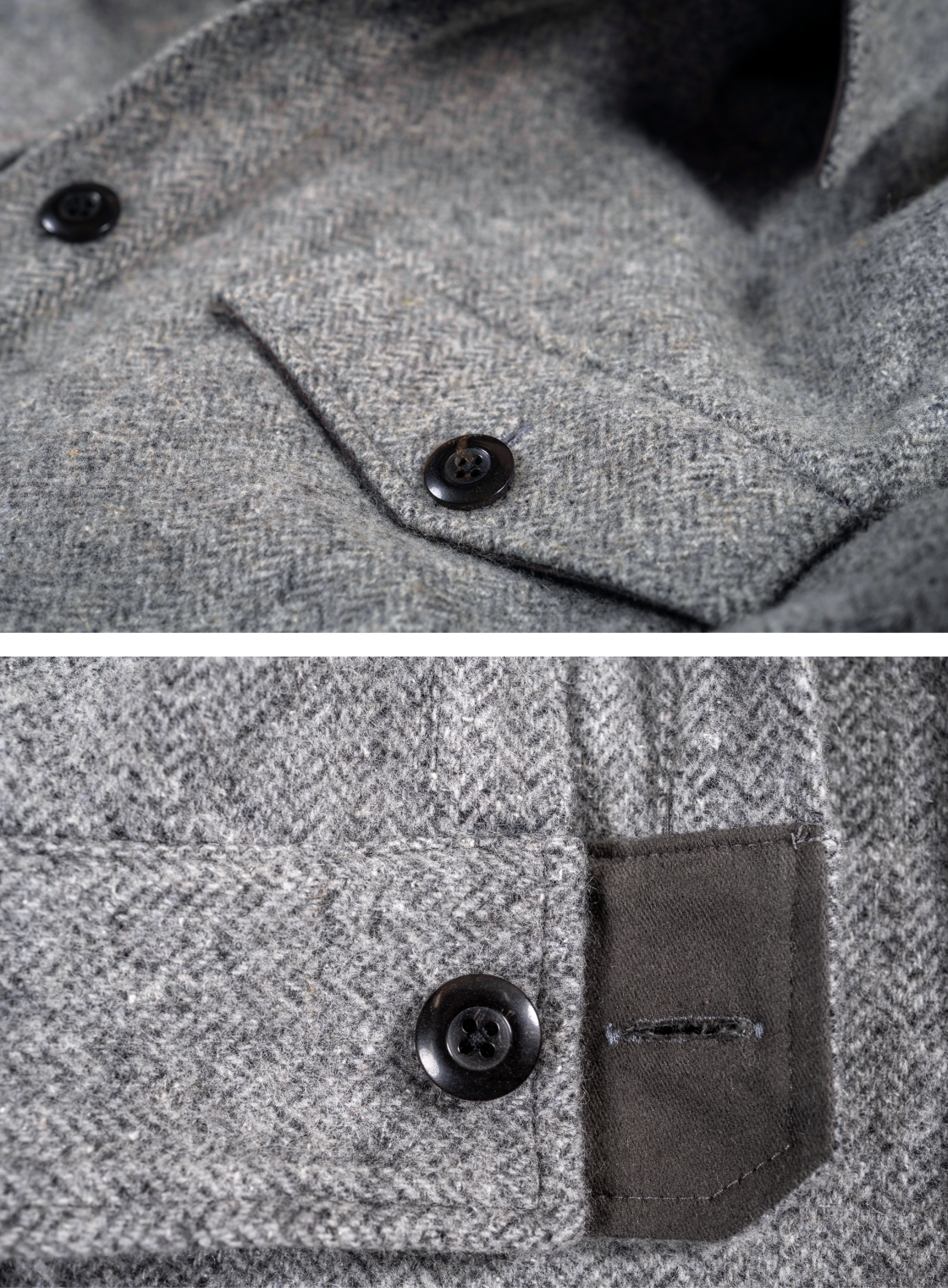 Two close up details shots of the Bills Khakis Wool Herringbone Shirt Jacket
