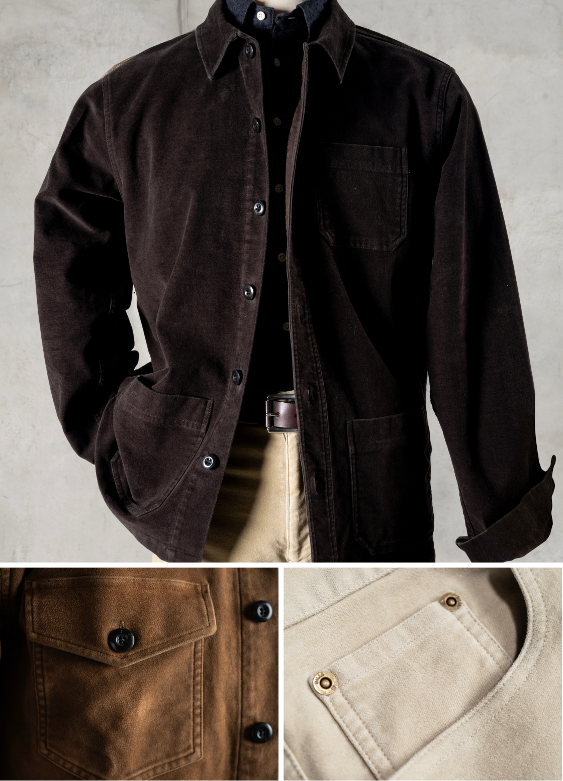 A Bills Khakis moleskin jacket and moleskin pants worn by a mannequin. Two other images show details on different moleskin jackets and moleskin pants