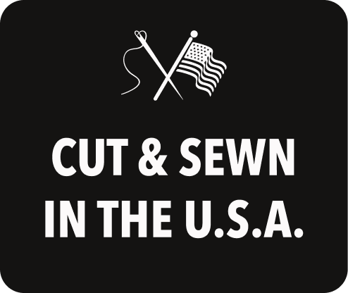 Bills Khakis: Cut & Sewn in the U.S.A. with a illustration of cross hatch of a needle and and american flag