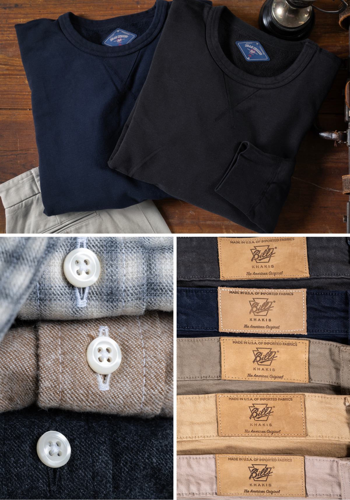 A grid of three photos. Photo 1 shows two Bills Khakis sweaters in navy and black folded on a wooden surface. Photo two shows macro stitching and button detail on Bills Khaki flannel shirts. The third photo shows the macro tag stitching detail of 5 pairs of Bills Khakis pants