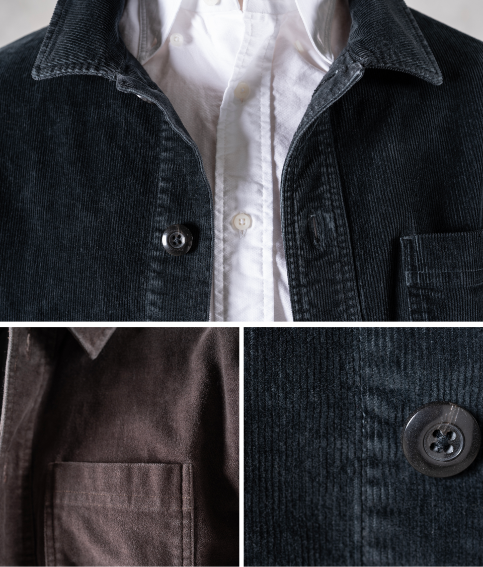 Three photos collaged showcasing Bills Khakis chore jacket details