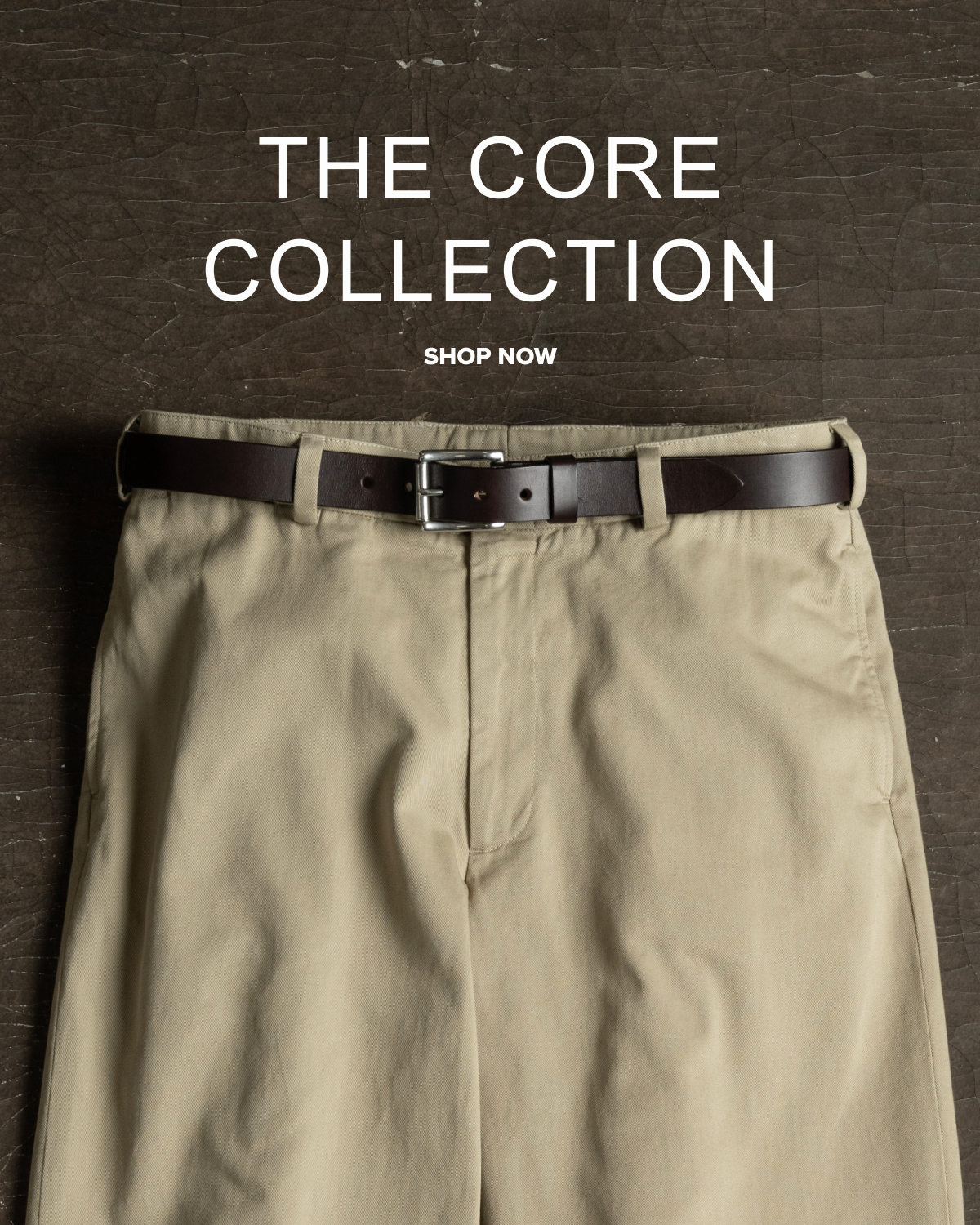 A pair of classic Bills Khakis khakis. Text reads: The Core Collection | Shop Now