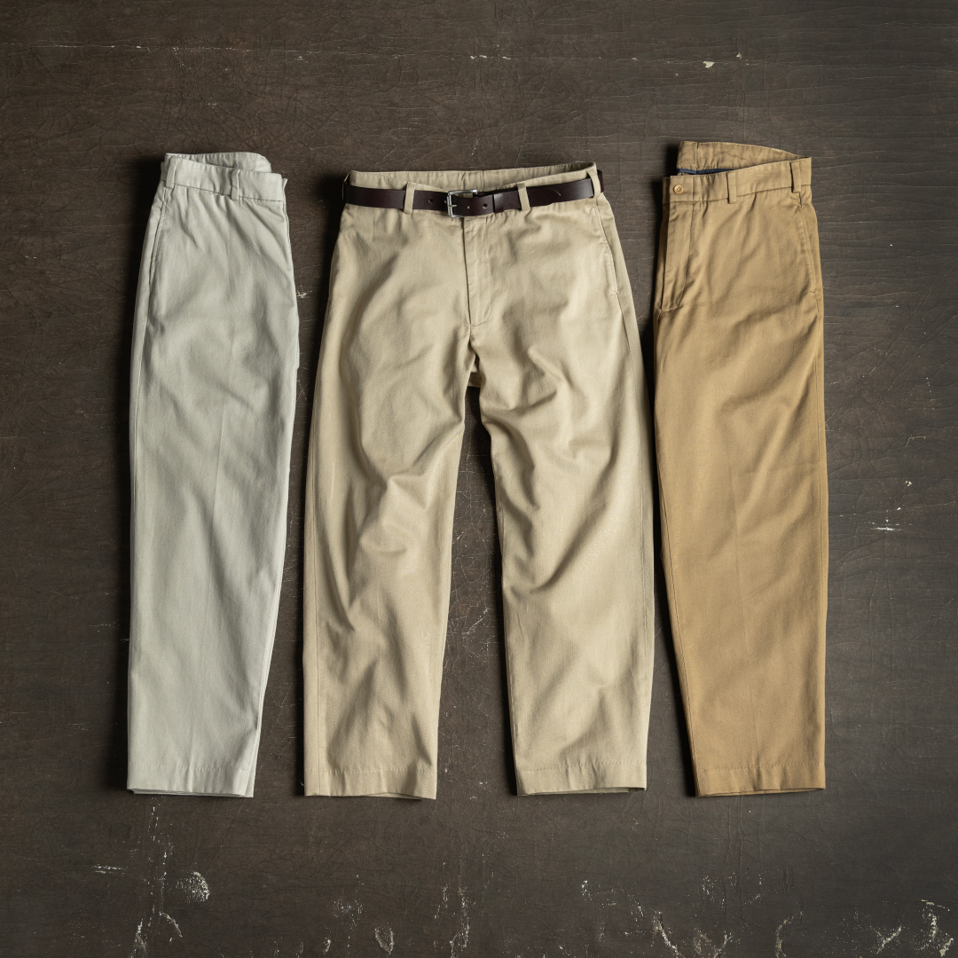 Three tones of khaki colored Bills khakis pants