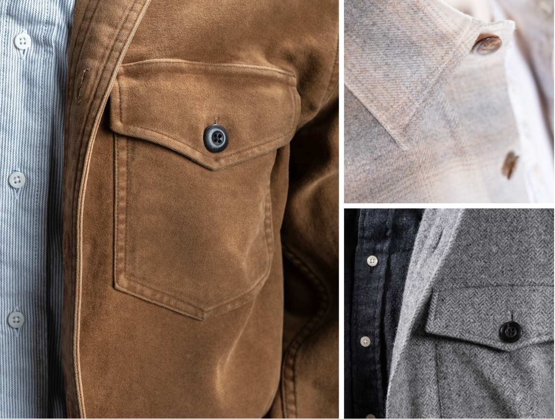 A collage of Bills Khakis flannel, moleskin and wool jacket details