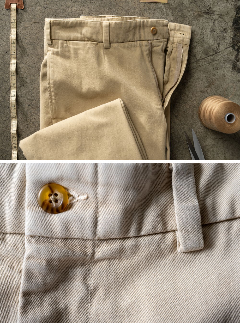 A two photo collage of details and the actual measurement and stich process of Bills Khakis Heritage wash pants