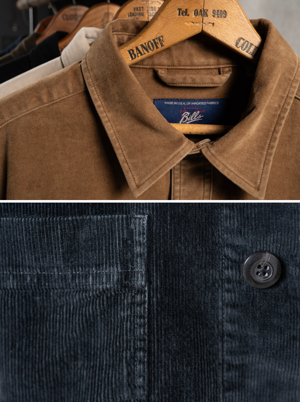 Two close up shots collages: One of a Bills Khaki Moleskin coat and another of navy colored Bills Khakis corduroy pants