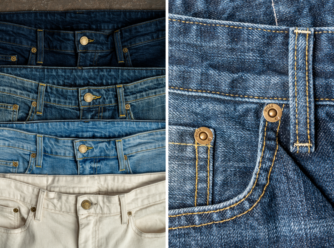 A collage of two photos of Bills Khakis denim pants. The left photo shows four shades of denim waste bands. The right photo shows a close up of the pocket rivet and belt band sew detail