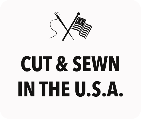 Bills Khakis: Cut & Sewn in the U.S.A. with a illustration of cross hatch of a needle and and american flag