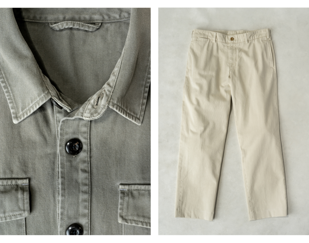 A two photo collage of a heritage wash shirt and heritage wash pants
