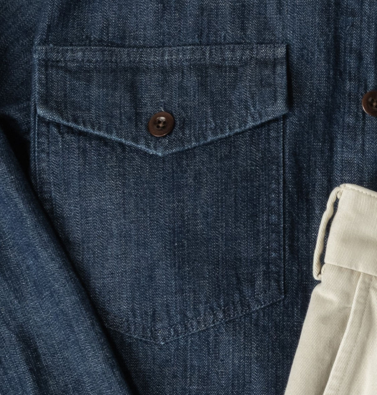 A crop in of the above photo's  lightweight denim overshirt pocket details