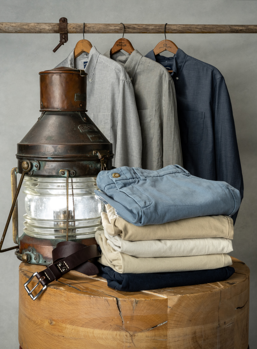 Bills Khakis Heritage Wash pants and shirts sit alongside vintage nautical wear