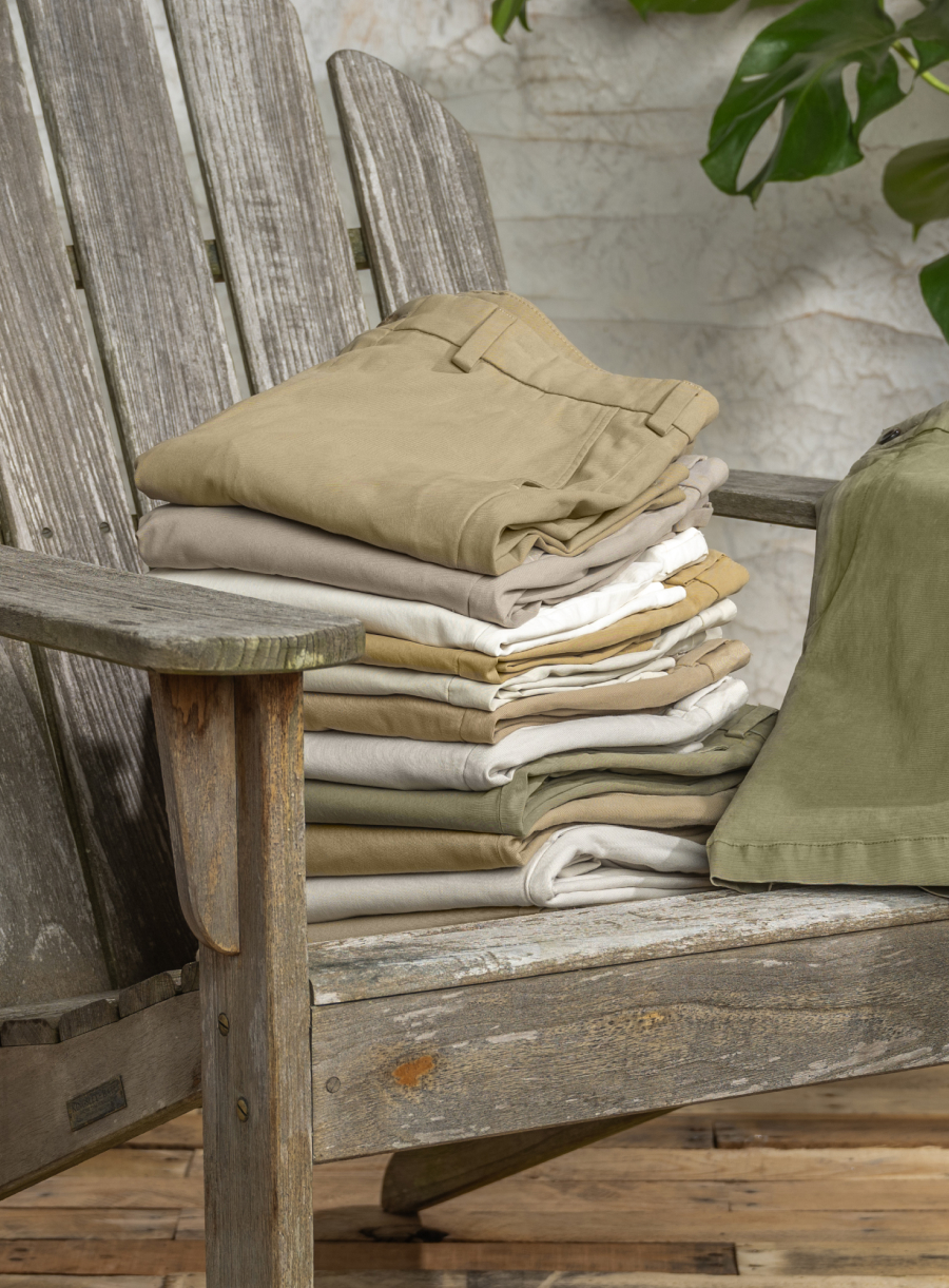 Bills Khakis Keystone Twill fabric bottoms sit on a weathered patio chair