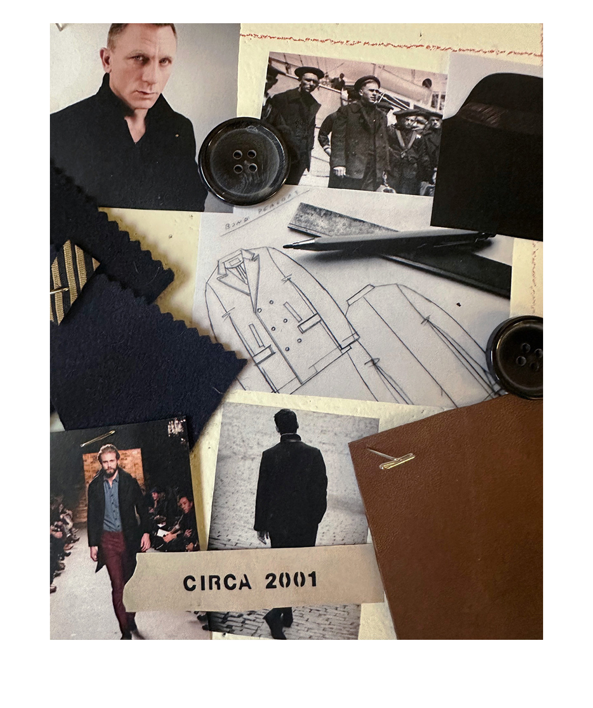 Mood board of the Bond Peacoat, with Daniel Craig wearing the coat.