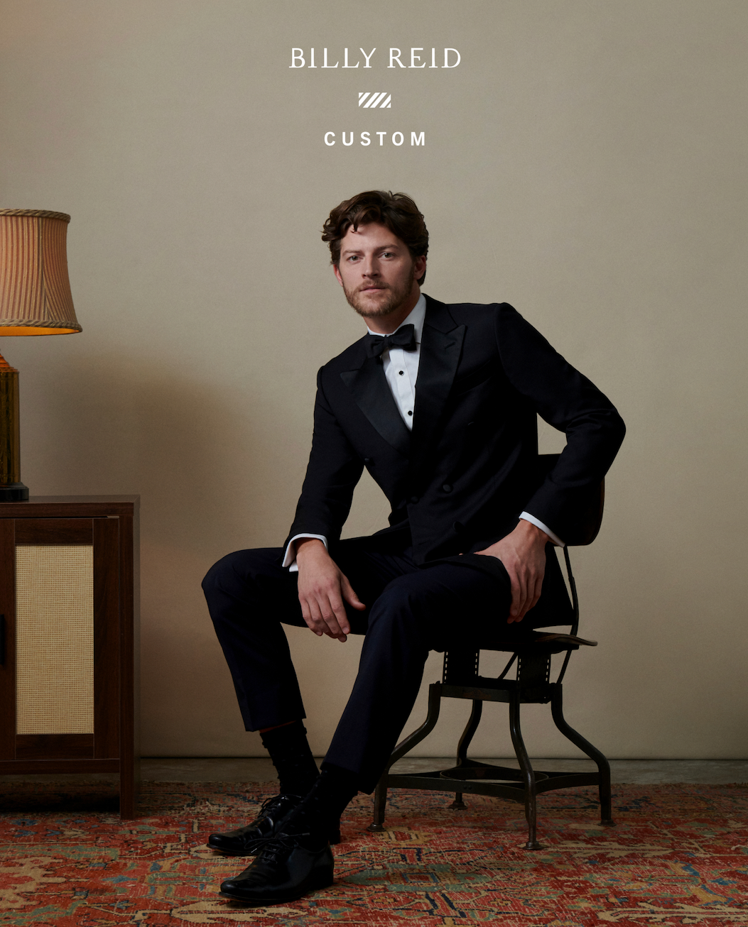 Model wears a custom tuxedo by Billy Reid custom.