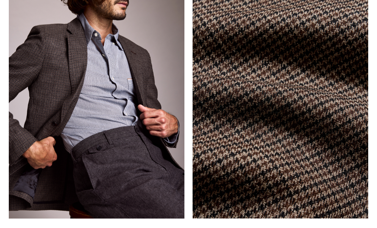 Left: Model wears the Melange Houndstooth Walton Jacket | Right: Fabric Closeup