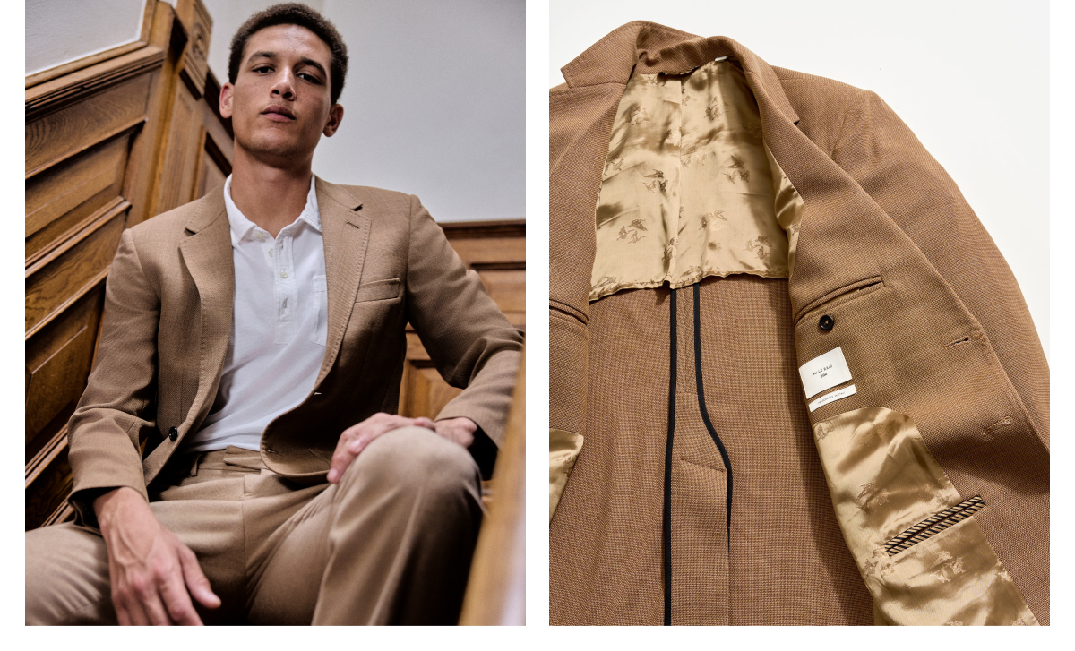 Left: Model wears the Virgin Wool Walton Jacket | Right: Interior shot.