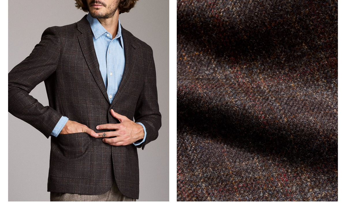Left: Model wears the Virgin Wool Plaid Walton Jacket Right: Fabric Closeup