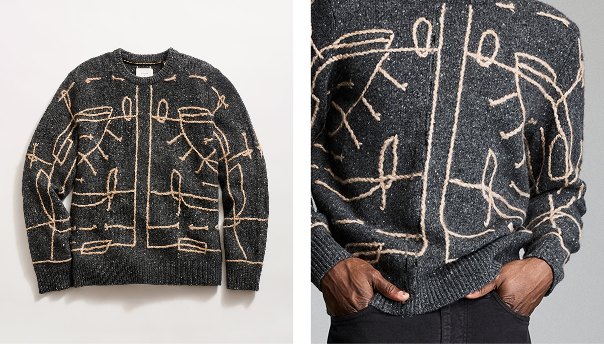 Grey sweater with light brown embroidery inspired by antlers.