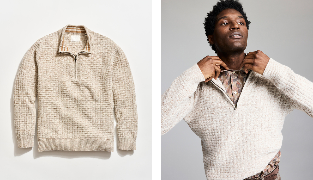 Half Zip Sweater in an off-white with a basketweave fabric.