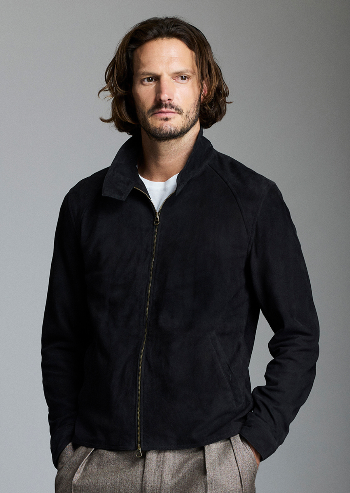 Model shows the fit of the jacket.