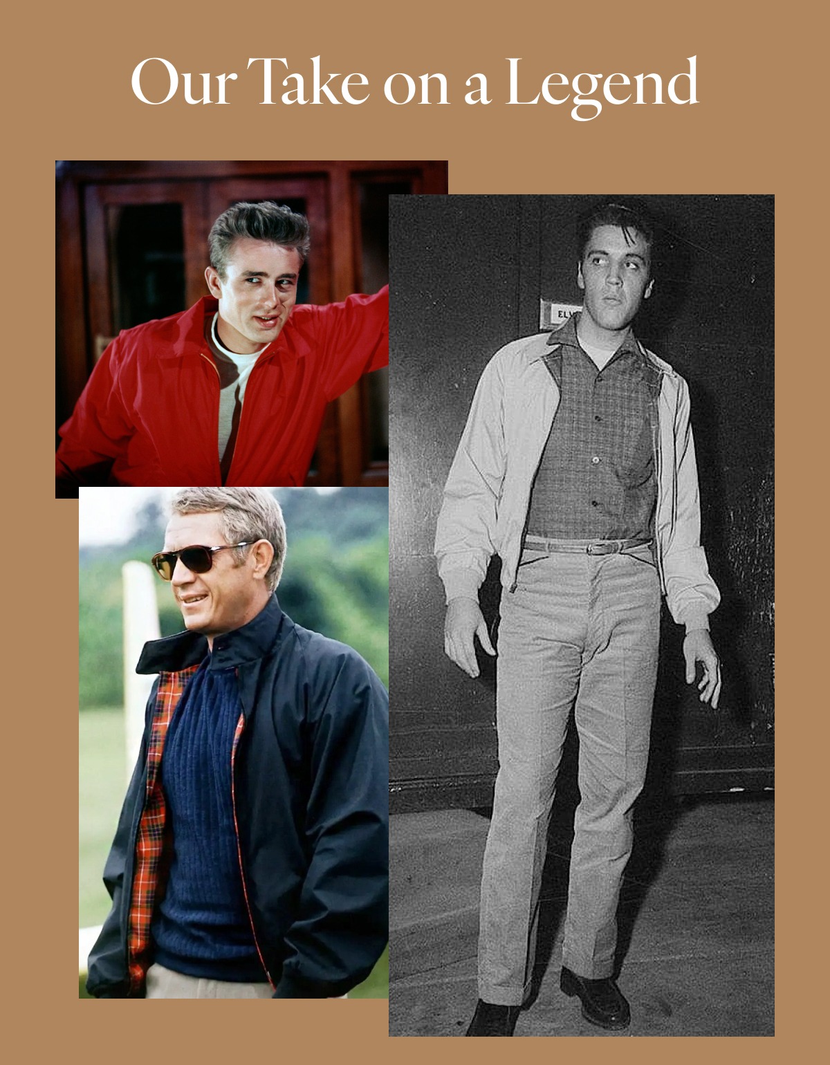 Our Take on a Legend: Images of various celebrities wearing Harrison jackets.