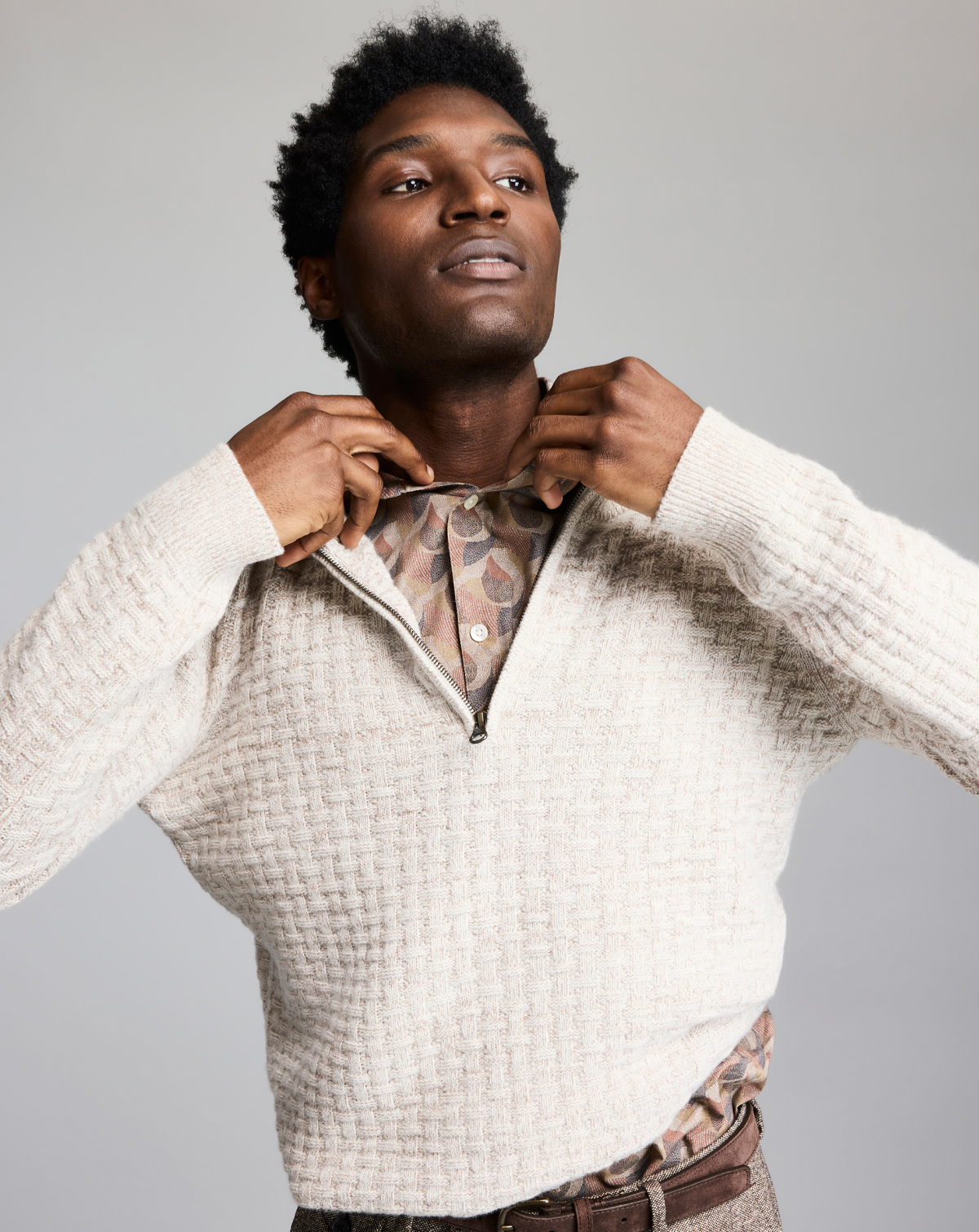 Model wears the Basketweave Pullover