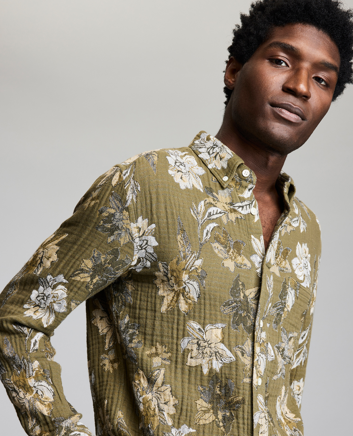 Model wears Billy Reid shirt.