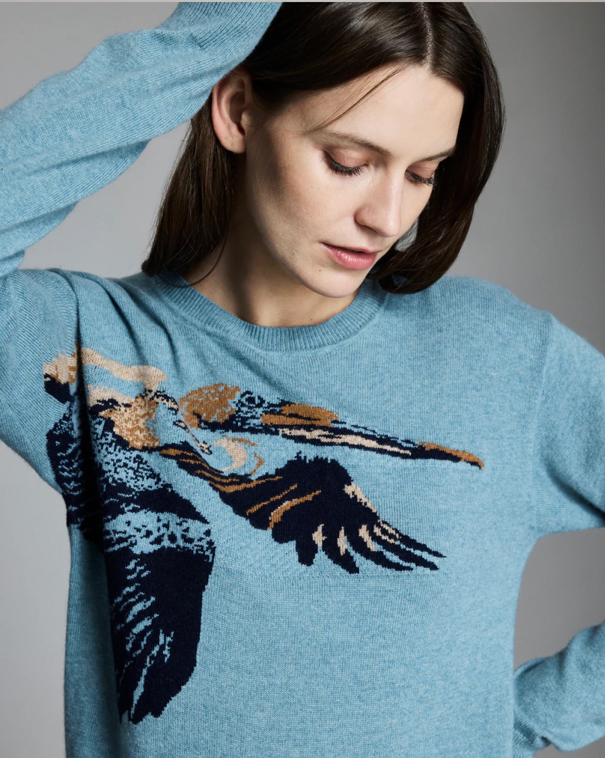 Model wears a women's Billy Reid sweater. 