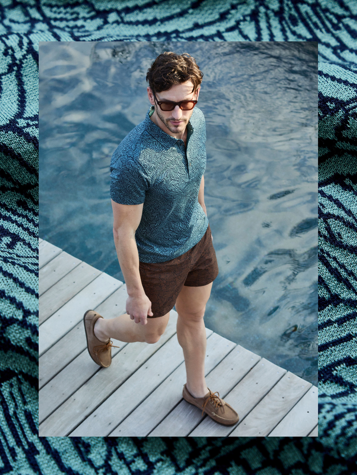 Model wears the Numajiri Heron Swarm Polo