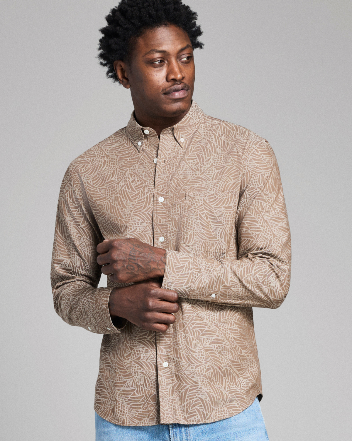 Model wears the Melange Heron Swarm Tuscumbia Shirt Button Down