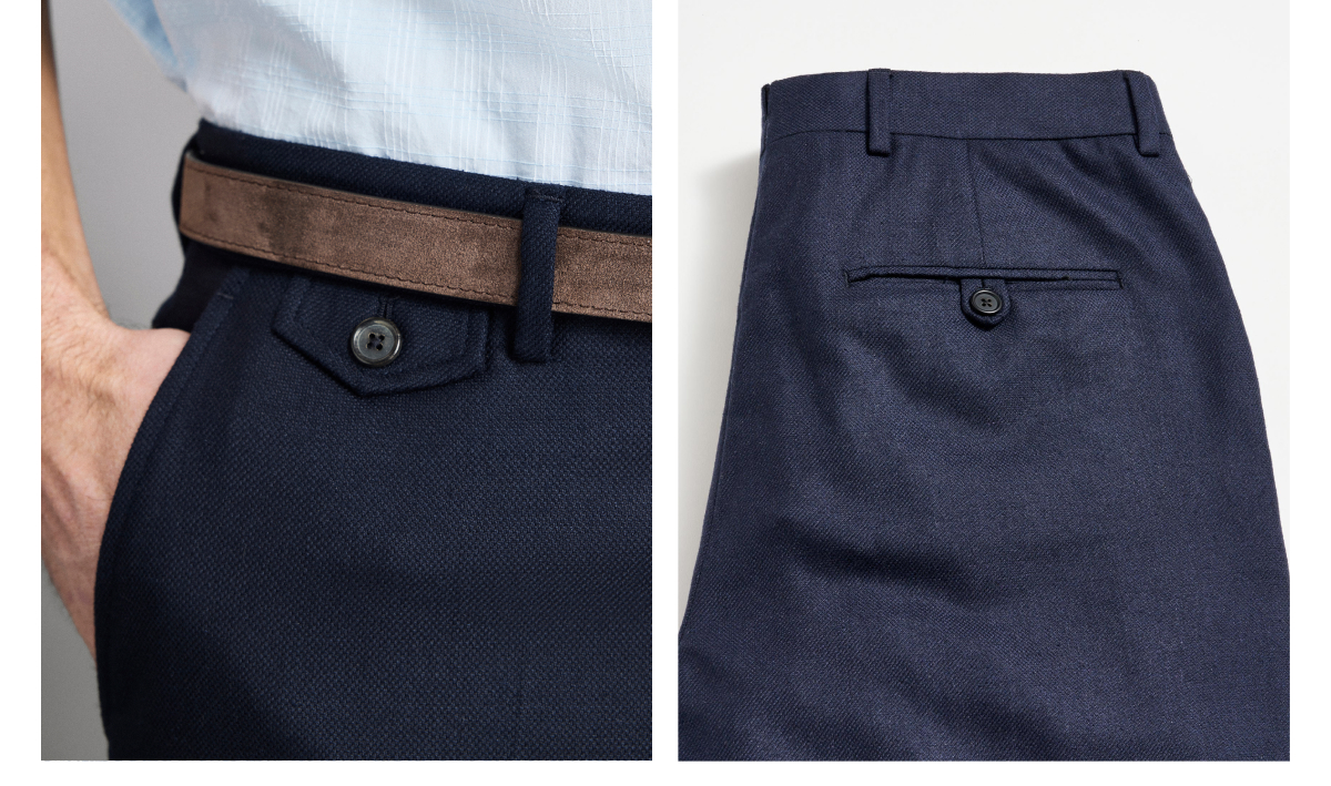 Flat front trouser worn with brown suede belt