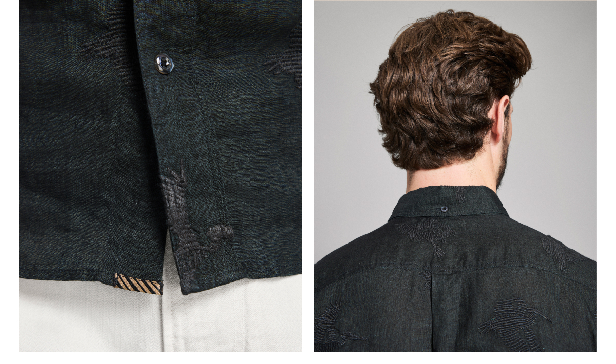 Detail shots of the shirt showing the heirloom ribbon stripe and mother of pearl buttons.